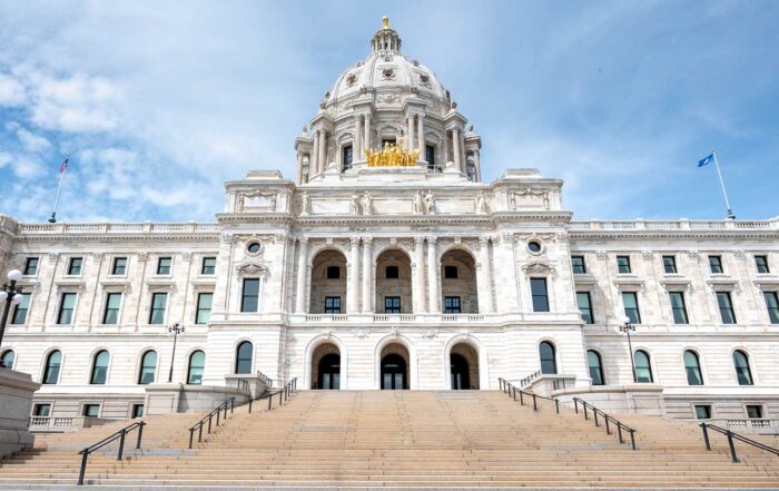 Minnesota state capitol building, front view, from a low angle
