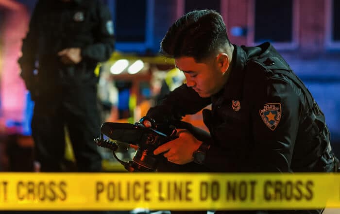 uninsured motorist, hit and run, police taking photos with police line tape in the foreground