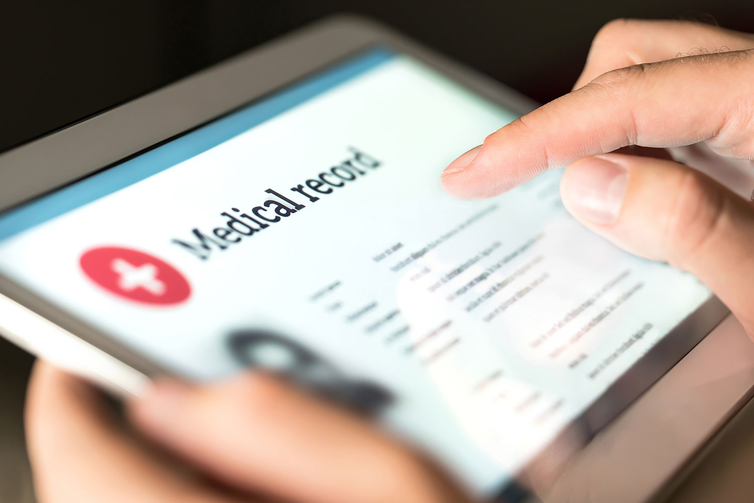 medical-records-tablet-SCL-opt medical record open on tablet, digital file, held by individual reviewing documents