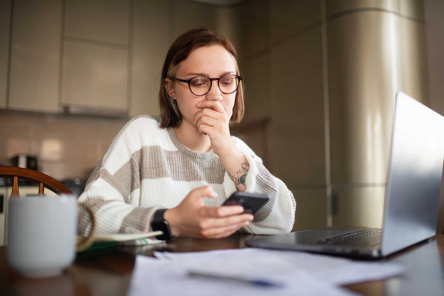 public assistance fraud, individual woman concerned about finances, home setting